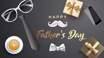 Fototapeta na wymiar card or banner on Father's Day in gold on a gradient gray background with around two gifts, glasses, a tie, bow tie, mustache, coffee mug, and a phone