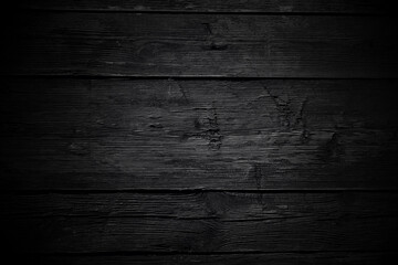 Black background. Vintage wood background in black color with vignette. Old wood texture with cracks, scratches, dents. Monochrome photo. 