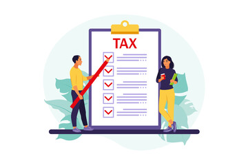 Online tax payment concept. People filling tax form. Vector illustration. Flat.