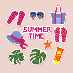 Set of summer stickers. Stylized background with summer icons. Beach accessories