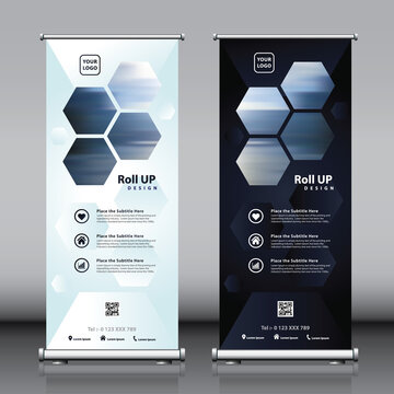 Roll up banner design with hexagon shapes artwork hexagon patterns and image. Editable vertical template vector set, modern standee and flag banner