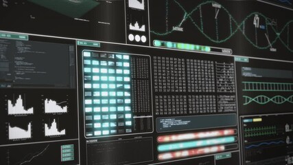 Minimalistic digital analysis graph animation with diagrams, data sets, curves, DNA sequences and information for screens, monitors and digital walls. Black background. - Powered by Adobe