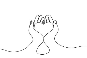 Continuous drawing line art of heart in hands. Hand drawn one line. Concept of volunteering, charity and donation. Give and share your love