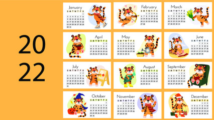 Set of 12 pages bright illustration with a cute little Tiger. Desktop horizontal calendar design template for 2022, the year of the Tiger  the Chinese calendar.  Vector stock flat illustration.