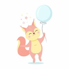 Cute Squirrel Holding Balloon Cartoon Vector Icon Illustration.  Flat Cartoon nursery vector