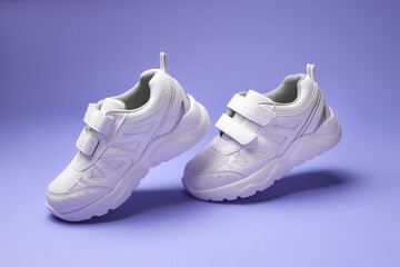 side view white unisex sneakers with velcro fasteners hanging heels in the air isolated on a purple background.