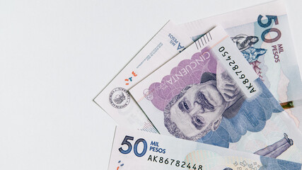 colombian money, fifty thousand pesos on white background