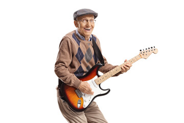 Grandpa playing an electric guitar and jumping