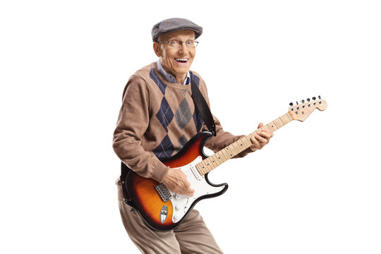 Grandpa Playing An Electric Guitar And Jumping