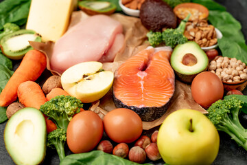 Natural, protein rich food on stone background. Healthy eating concept