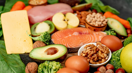 Natural, protein rich food on stone background. Healthy eating concept