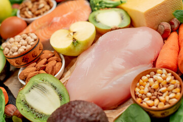Natural, protein rich food on stone background. Healthy eating concept