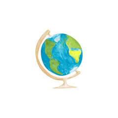 Globe illustration isolated on a white background. Watercolor globe clipart. Hand-drawn geography object for your design. Globe icon. Blue sphere shape globe.