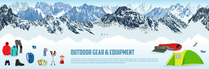 vector seamless outdoor gear store illustration with type design and clothing and equipment - obrazy, fototapety, plakaty