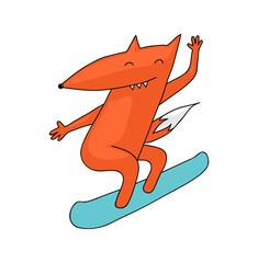 Cute and funny illustration of a fox snowboarding