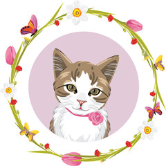 Portrait of a cute cat in a floral frame