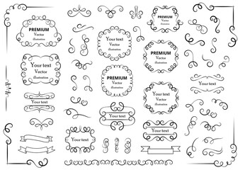 Calligraphic design elements . Decorative swirls or scrolls, vintage frames , flourishes, labels and dividers. Retro vector illustration