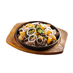 Isolated dish of oriental lamb roast with potatoes and onion