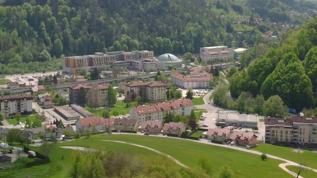 A 4K aerial footage of a small village on the mountain