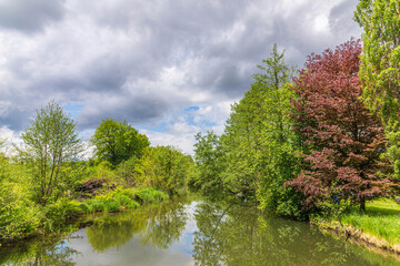 Kleiner Fluss mit Auwald im Frühling