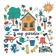 Gardening doodle set, hand drawn isolated design of gardening elements. Color set of garden tools