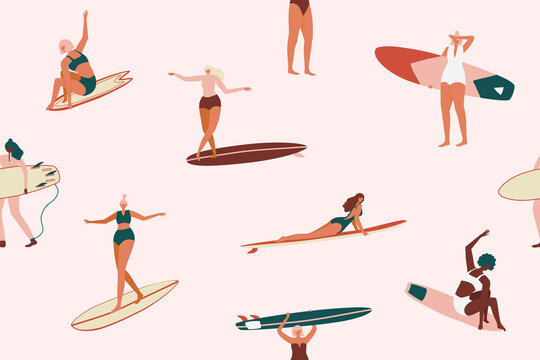 Retro Surfing seamless pattern in vector. Surf girls character in swimsuit with a shortboard and Longboard seamless pattern. Summer design for fabric, wallpaper, packaging paper, backgrounds and decor