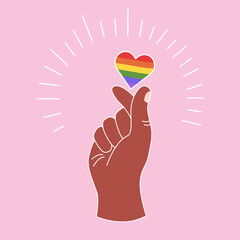 LGBT rainbow heart after clicking fingers. LGBT concept. Hand drawn vector illustration for poster, print, card, web.