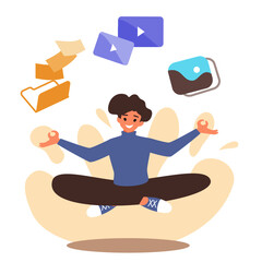 character content creator working on laptop concept of  Social Media Creation, Presentation, Internet Blogging, internet publication, Flat vector cartoon illustration