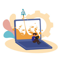 character content creator working on laptop concept of  Social Media Creation, Presentation, Internet Blogging, internet publication, Flat vector cartoon illustration