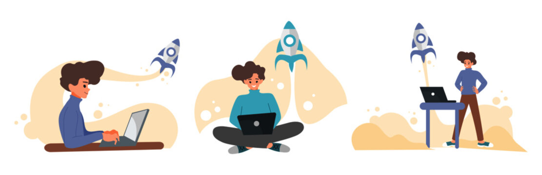 set of character programmer coding on laptop with Rocket launch concept of software development, booster, website developer, start up, working, Flat vector cartoon illustration