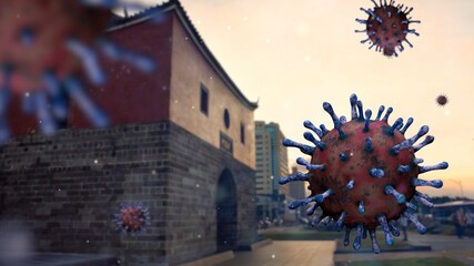 3D illustration. Historical Taipei north gate with Coronavirus concept. Covid 19