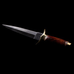 A Damascus steel fixed blade knife with a wooden handle set against a black background, with a...