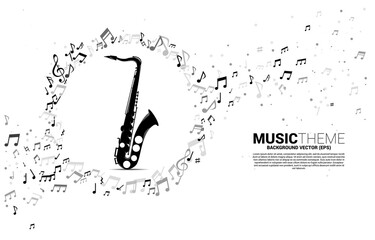 Vector template banner and poster music melody note dancing flow with saxophone. Concept background for song and concert theme.