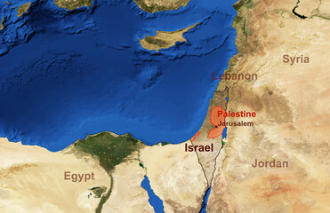 Israel and Palestine map in satellite photo. Elements of this image furnished by NASA.