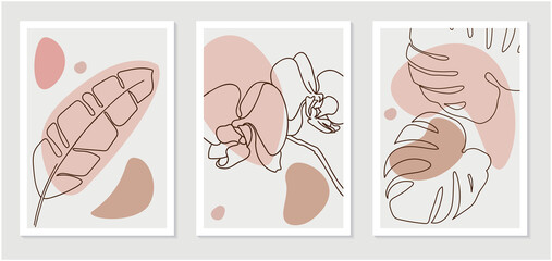Set of three abstract nature backdrop. Creative line art background in minimal trendy style. Posters