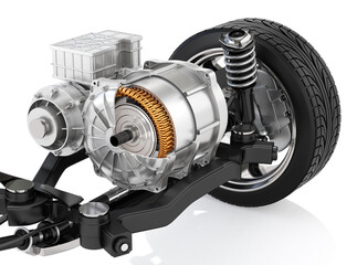Fototapeta Cutaway view of Electric Vehicle Motor with suspension on white background. 3D rendering image.  obraz