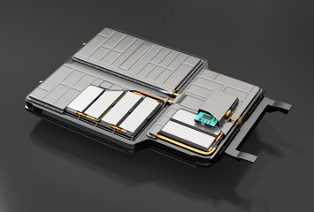 Cutaway view of electric vehicle battery pack on black background. 3D rendering image. - obrazy, fototapety, plakaty