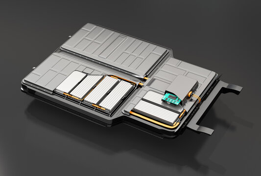 Cutaway view of electric vehicle battery pack on black background. 3D rendering image.
