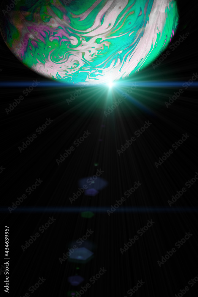 Sticker abstract background space. globe planet earth in galaxy universe with abstract sun on black backgrou