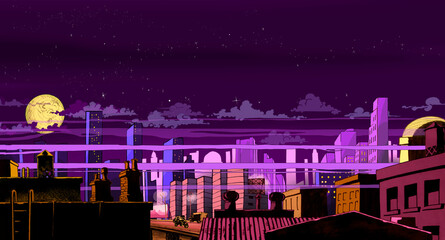 Illustration of the rooftops of a city at night with purple and violet lilac tones, in the light of the moon with smoke and clouds