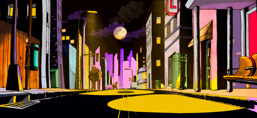 Fototapeta premium Street comic in the city at night with yellow purple and black tones in the moonlight