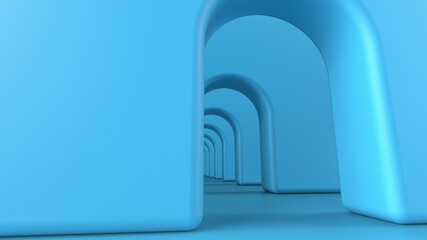 Sky blue arch hallway corridor abstract background minimal conceptual 3D rendering. 3Dillustration. 3D CG.