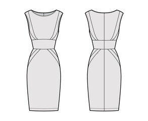 Dress panel tube technical fashion illustration with hourglass silhouette, sleeveless, fitted body, knee length skirt. Flat apparel front, back, grey color style. Women, men, unisex CAD mockup