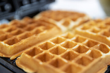 Belgium Waffle cooking on a hot griddle for breakfast