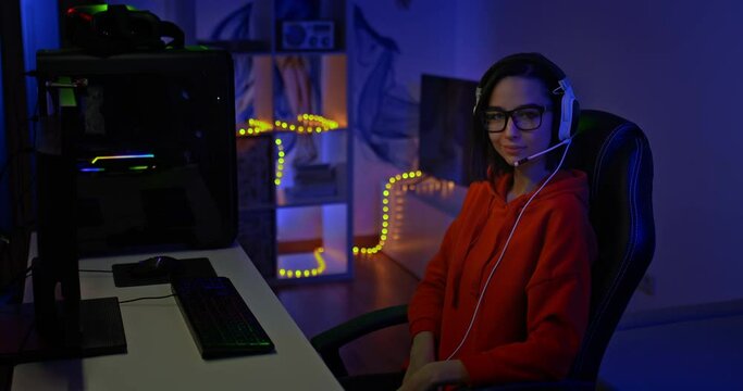 Portrait, a beautiful woman sits in a computer chair in headphones with a microphone and smiles, the workplace of a blogger. Backlit dark room, woman blogger ready for live broadcast. 4k, ProRes