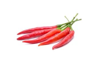 Fotobehang Red hot chili peppers geïsoleerd op witte achtergrond © Cheattha