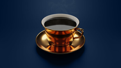 3d render of a steaming fine hot cup of coffee with clean blue background with sharper gold material on cup 