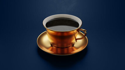 3d render of a steaming fine hot cup of coffee with clean blue background with blurry gold material on cup 