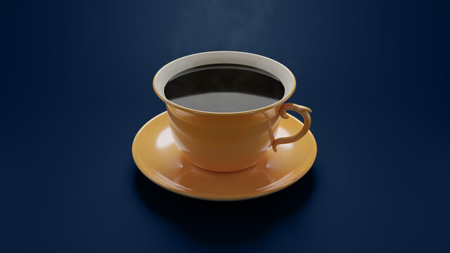 3d render of a steaming fine hot cup of coffee with clean blue background and clean porcelain material on cup