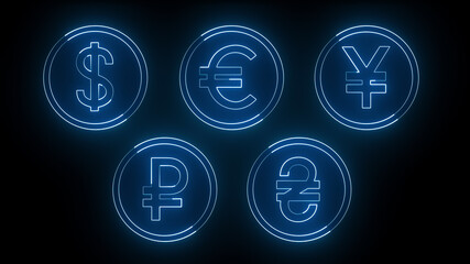 3D rendering glow effects of contours of currencies on a black background. Neon design elements